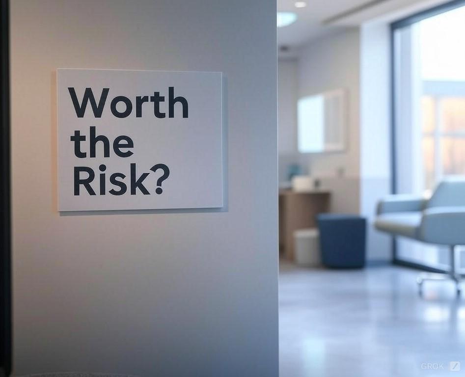 Wall sign reading Worth the risk in a clinic corridor