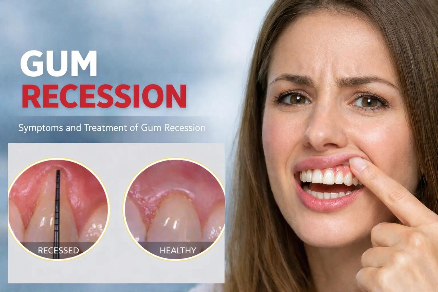 Banner on gum recession comparing receded and healthy gums