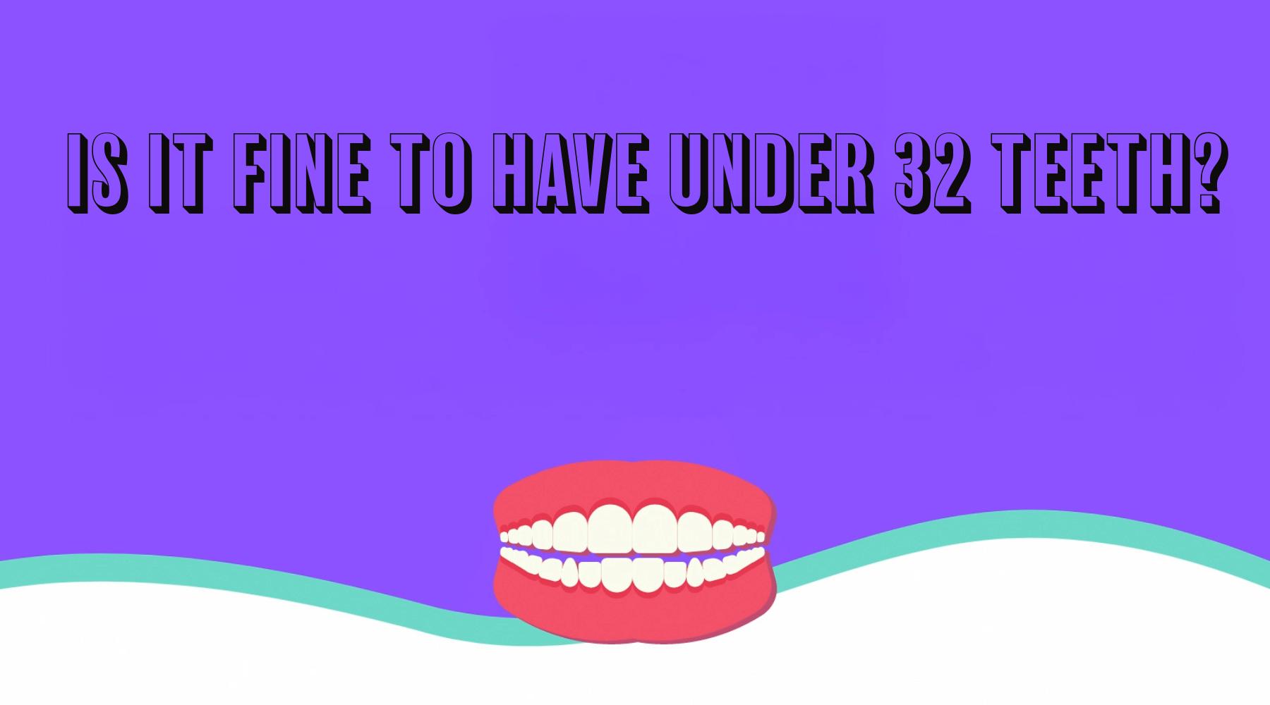 Cartoon set of teeth on a purple background with a question about 32 teeth