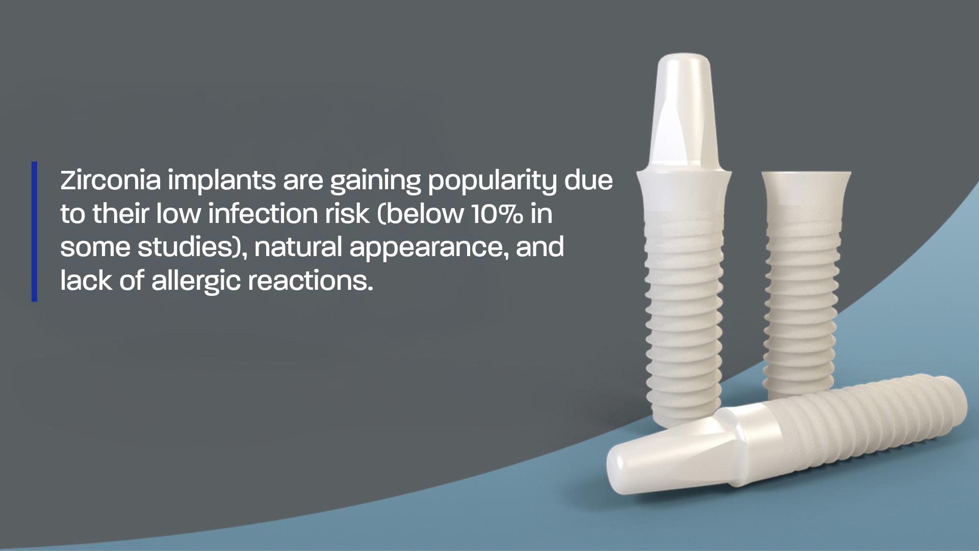 White zirconia implants beside a text panel about zirconia implants