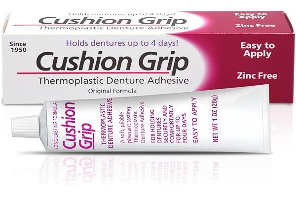 Cushion Grip thermoplastic denture adhesive box and tube