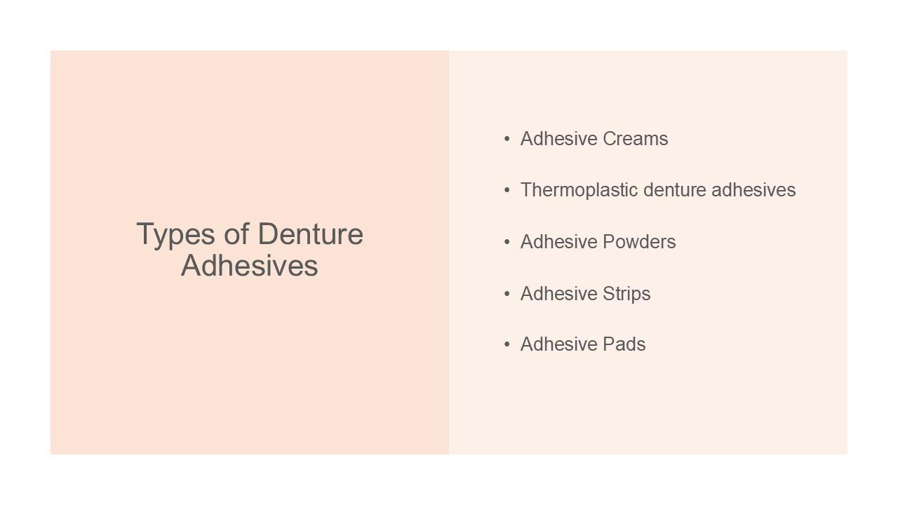 Slide listing five types of denture adhesive