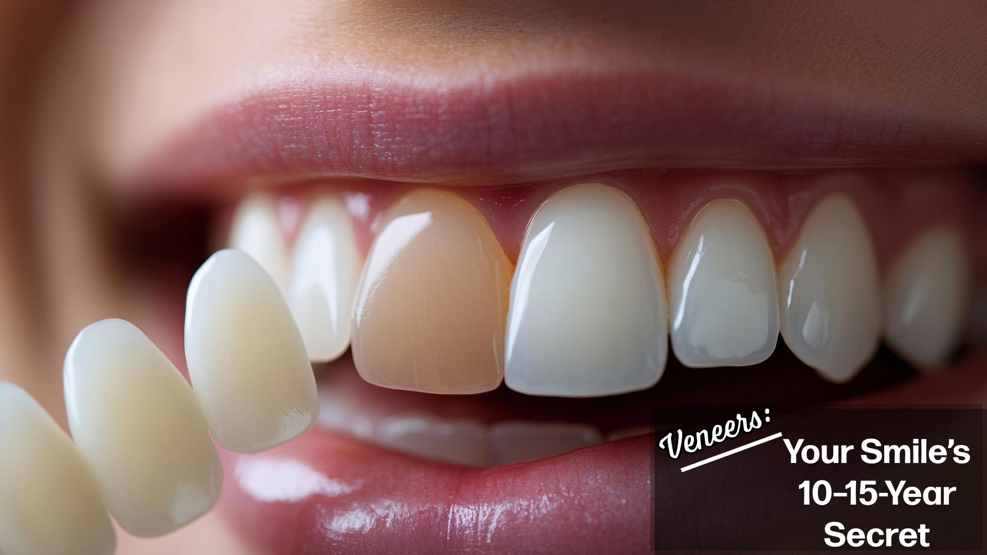 Close-up of a smile with a darker front tooth and loose veneers lined up beside it