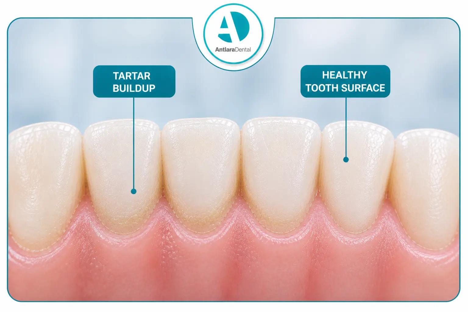 Close-up of lower front teeth with two labels