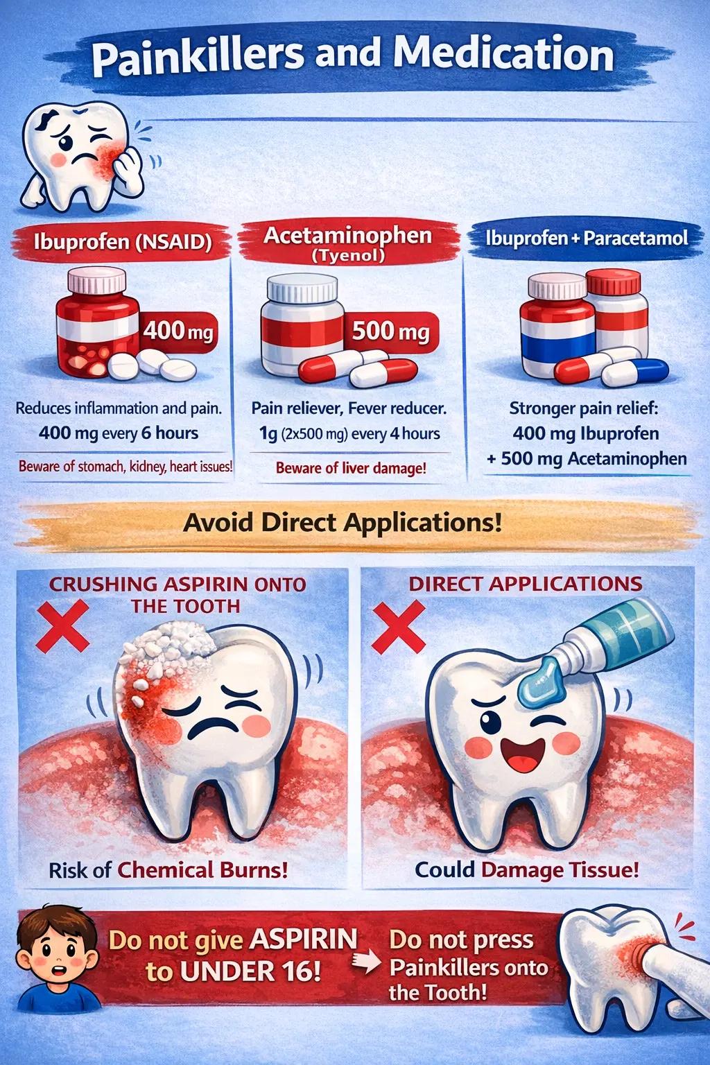 Infographic on painkiller types and warnings against direct application