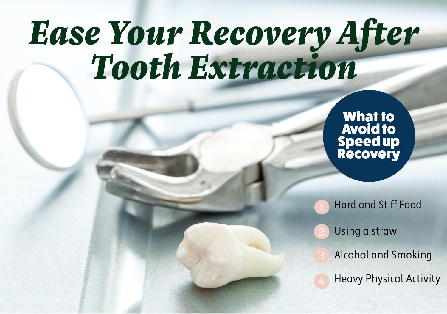 Extraction forceps and an extracted tooth with a list of things to avoid