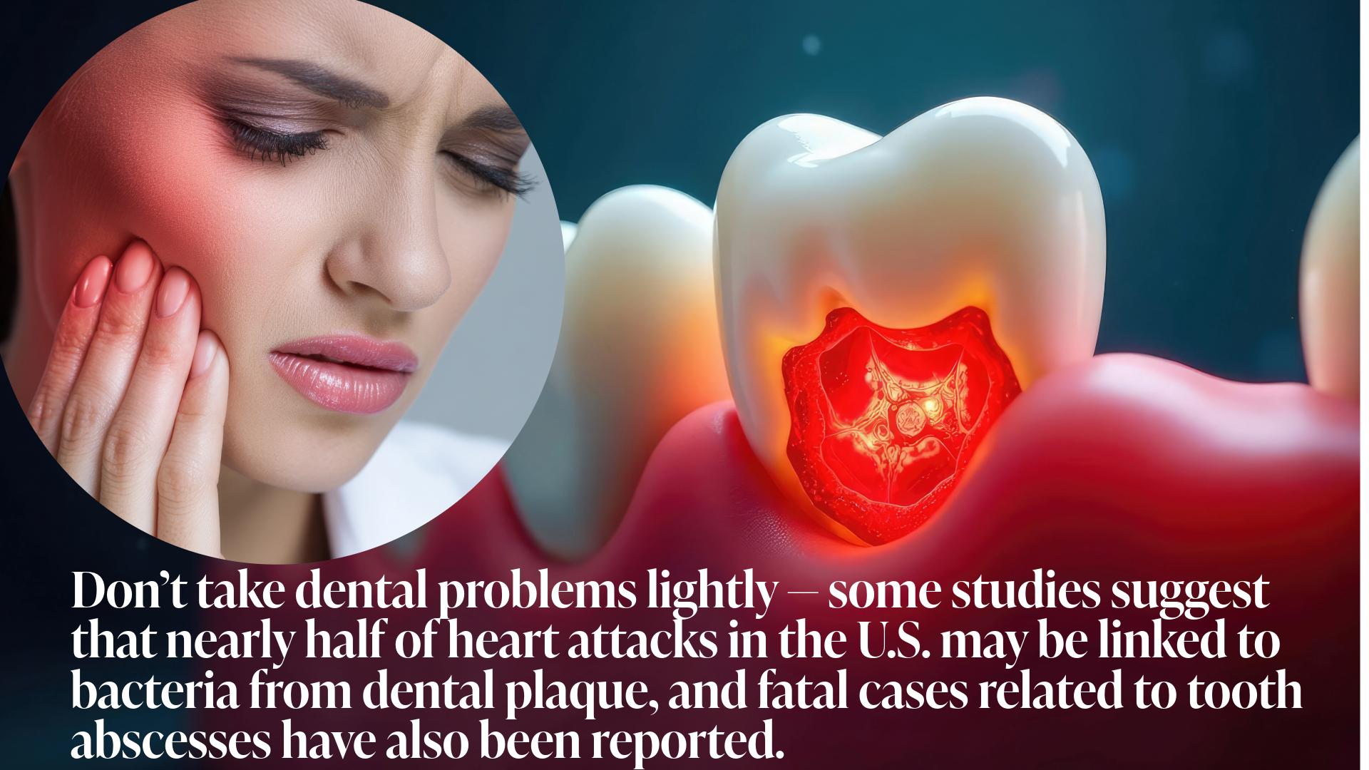 Woman holding her cheek in pain beside a glowing infected tooth