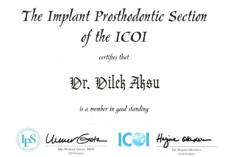 Implant prosthodontic section membership certificate in good standing
