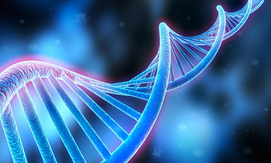Blue 3D render of a DNA double helix
