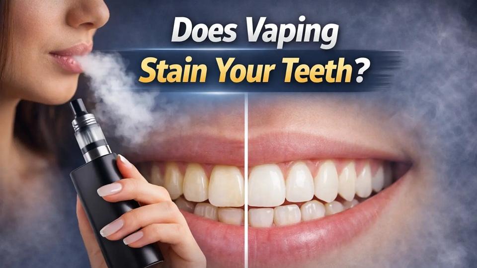 Woman exhaling vapour next to a split image of two smiles