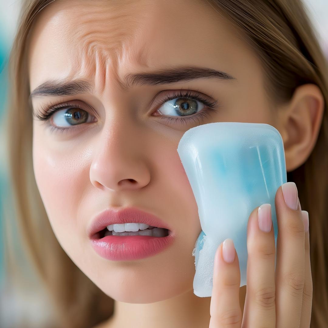 Young woman holding an ice pack to her cheek