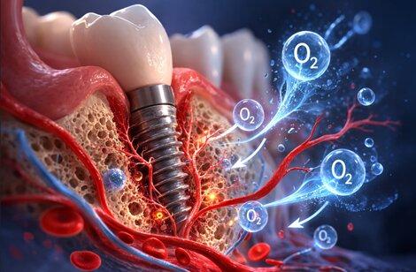 Illustration of a dental implant in jaw bone with blood vessels and oxygen bubbles