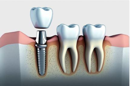 Illustration of a dental implant in the jawbone with an abutment and a crown, between two natural teeth