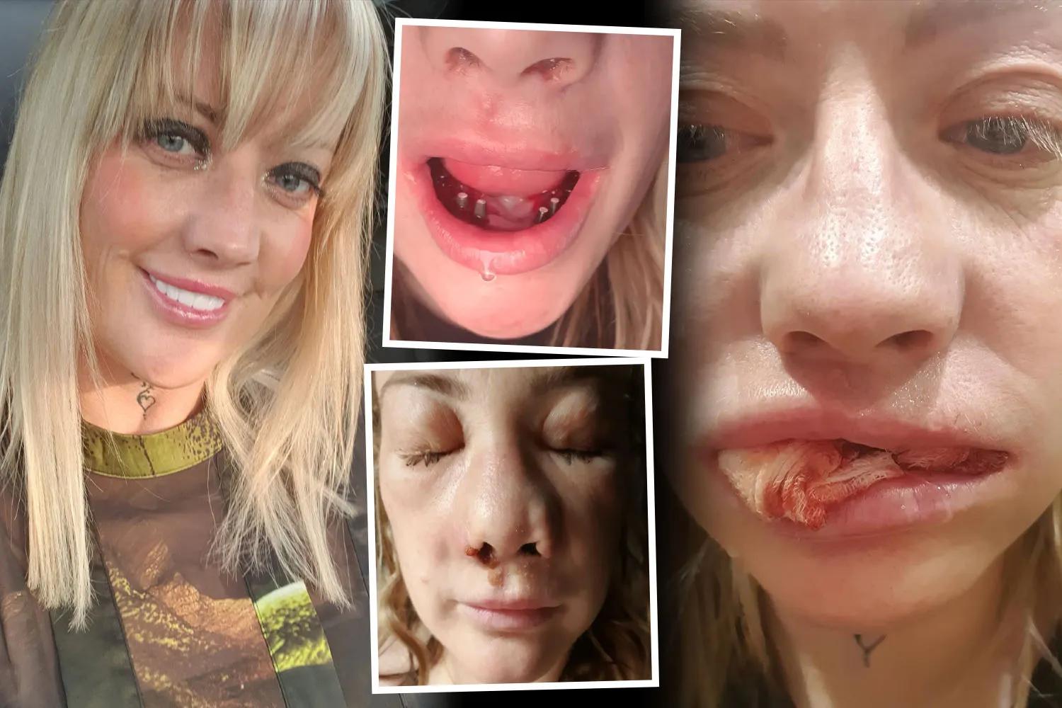 Collage of a woman smiling and photos of a bleeding mouth and face
