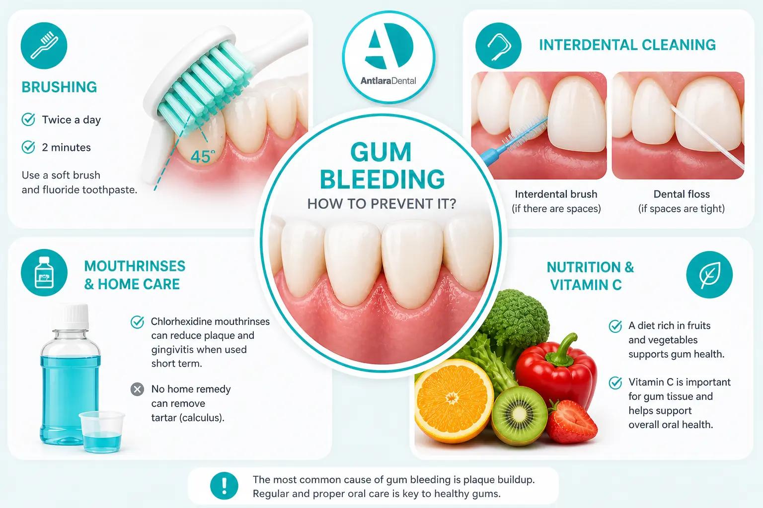 Infographic on preventing gum bleeding with brushing, cleaning and diet