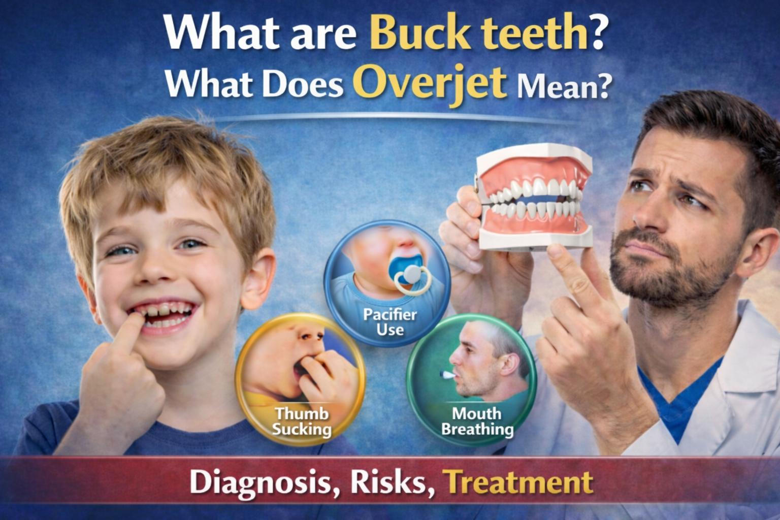 Child smiling and a dentist holding a bite model, with causes of overjet