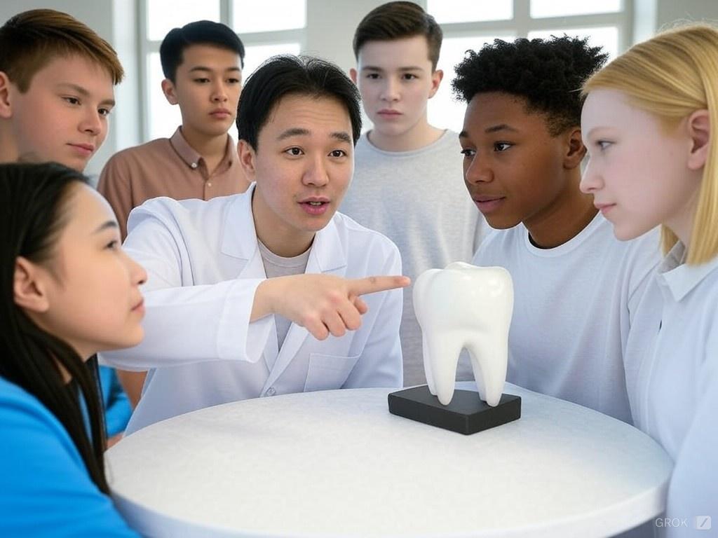 Person in a white coat pointing at a tooth model, surrounded by teenagers