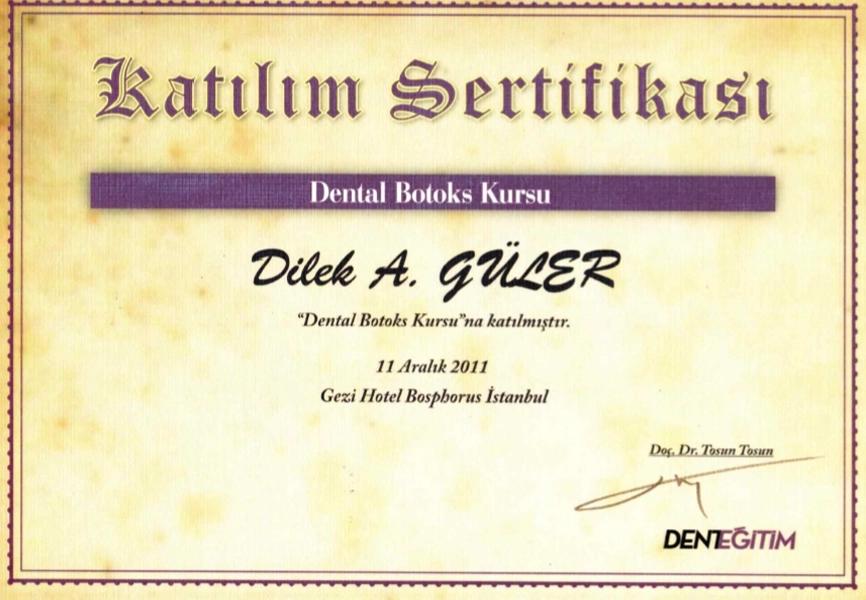 Turkish participation certificate for a dental botox course, 2011