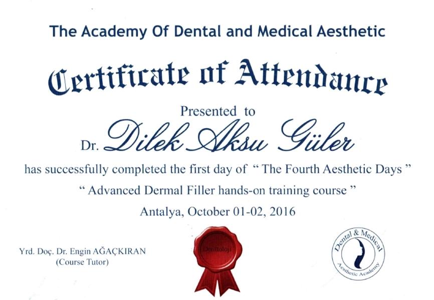 Certificate of attendance for advanced dermal filler course, Antalya, 2016