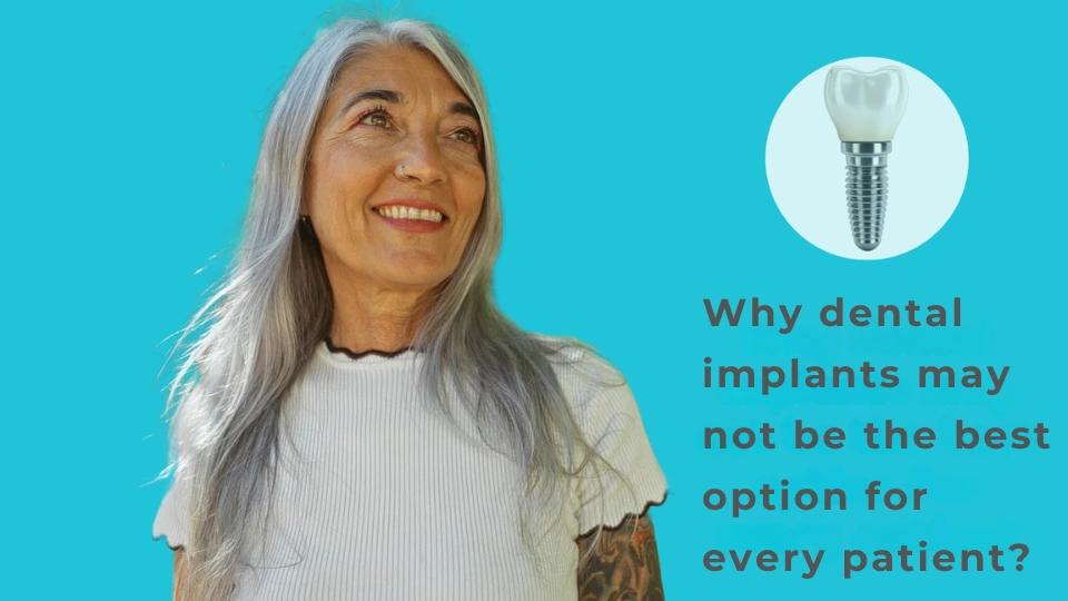 Smiling woman with long grey hair beside an implant icon