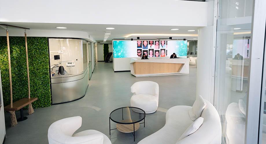 Clinic lobby with reception desk and seating area