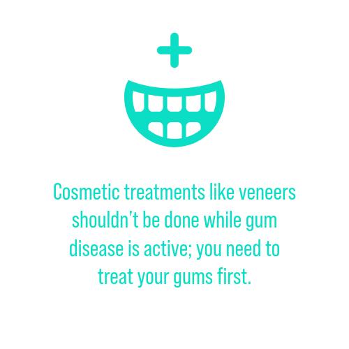 Text graphic with a smile icon about veneers and gum disease