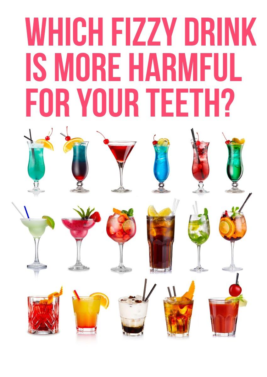 Rows of colourful cocktails under a question about fizzy drinks