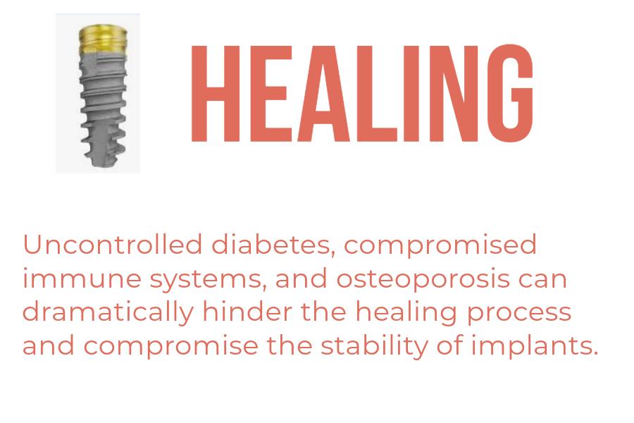 Slide listing health conditions that affect implant healing
