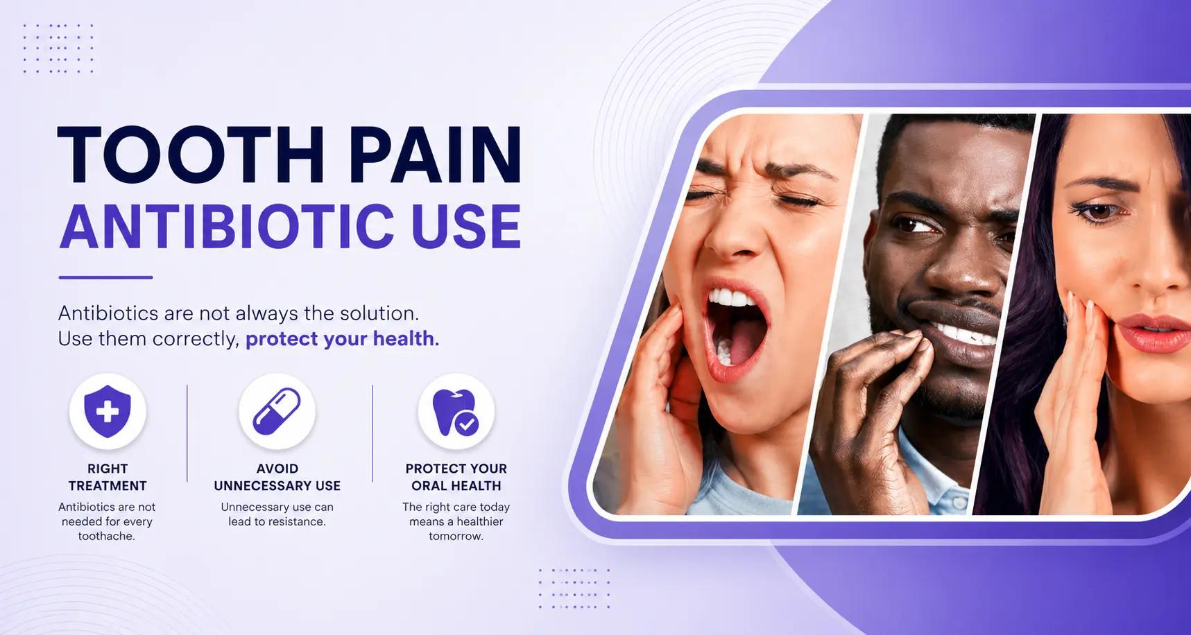 Banner on tooth pain and antibiotic use with three people holding their cheeks