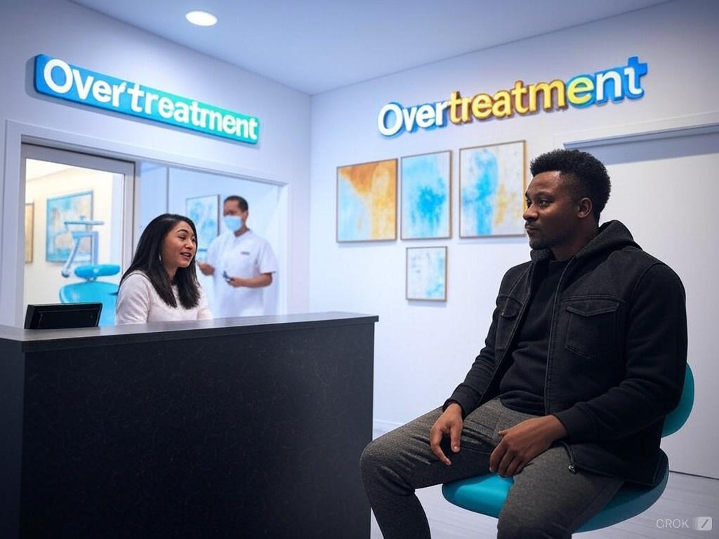 Clinic reception scene with a man seated and staff behind the desk