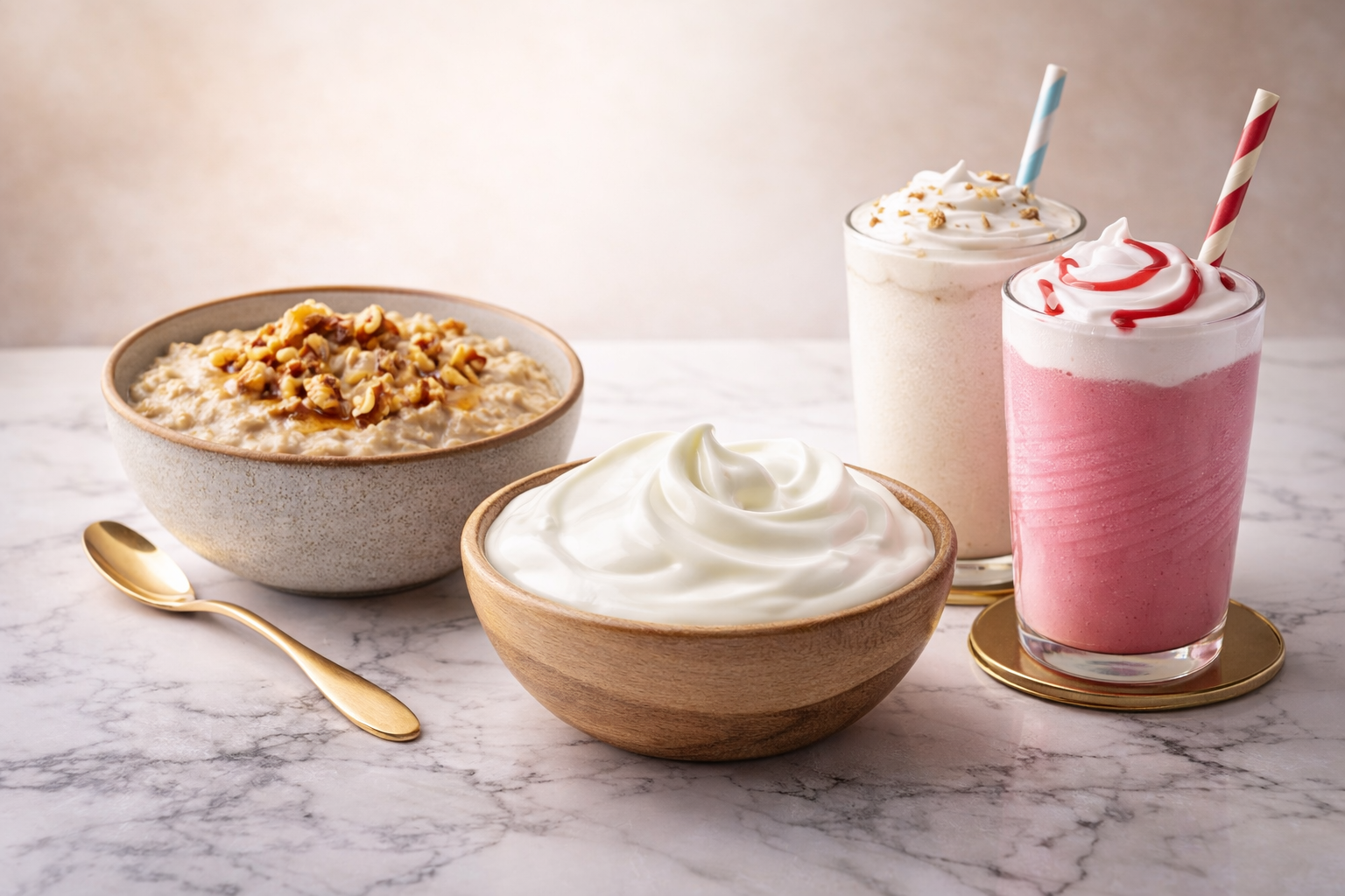 Bowls of oatmeal and yogurt with two milkshakes