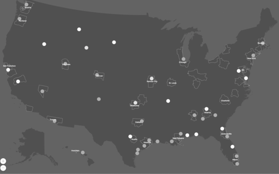 draft of "all sites" view with major metro areas displayed