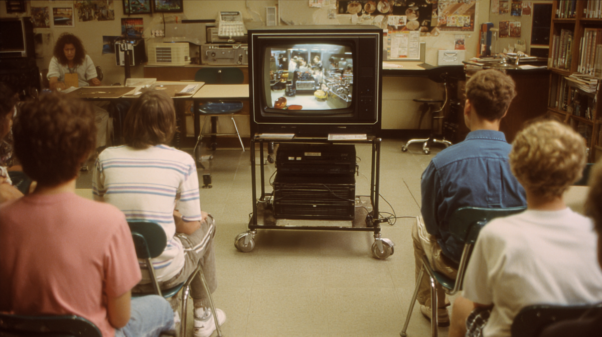 Kids sitting in a classroom watching dull tv