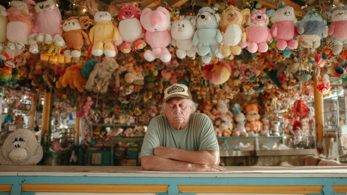 Man at stall looking bored with shiny toys above his head