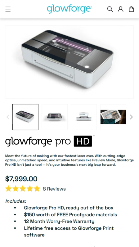Glowforge site on mobile