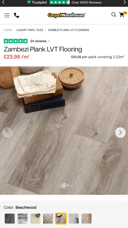 Carpet Warehouse site on mobile