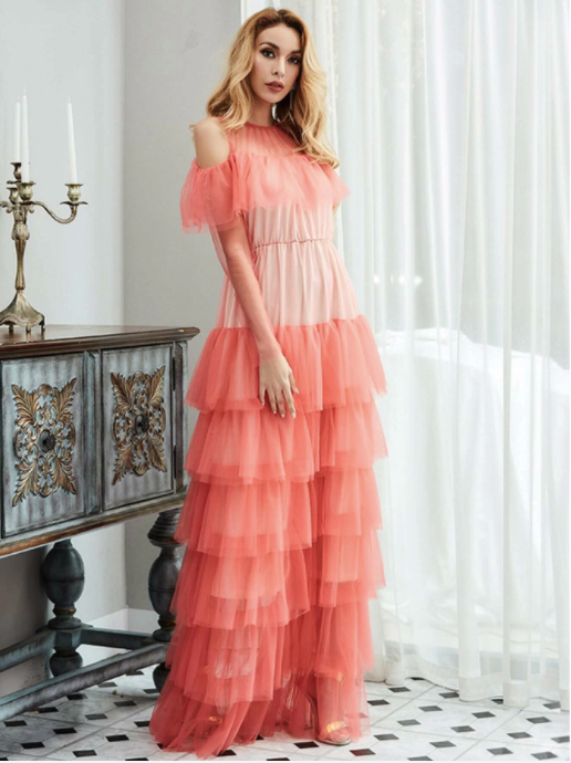Missord Cold Shoulder Layered Ruffle Mesh Prom Dress