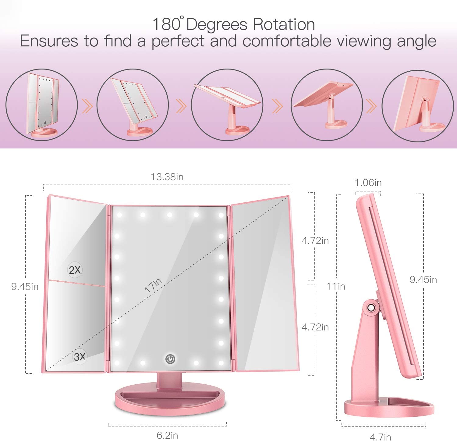 BESTOPE Makeup Mirror with Light, Vanity Mirror with 3x/2x Magnifying, 21 Led Trifold Lighted Makeup Mirror, Touch Screen, 180 Degree Rotation, Dual Power Supply