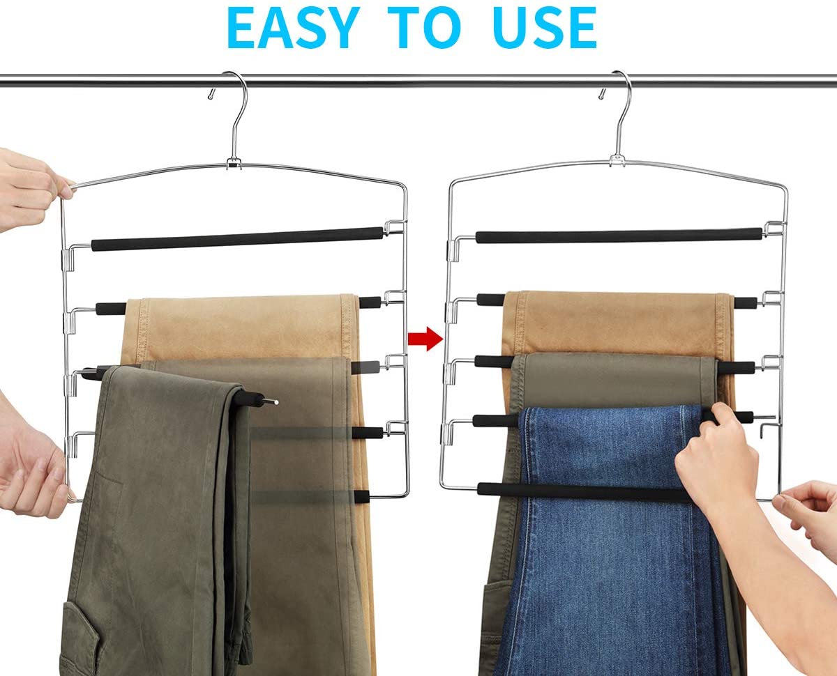 Pants Hangers 5 Layers Multi Trouser Hangers Space Saving Hangers Stainless Steel Non-Slip Foam Padded Swing Arm (3 Pack)