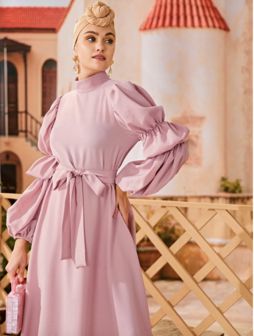 Elastic Lantern Sleeve Belted Dress