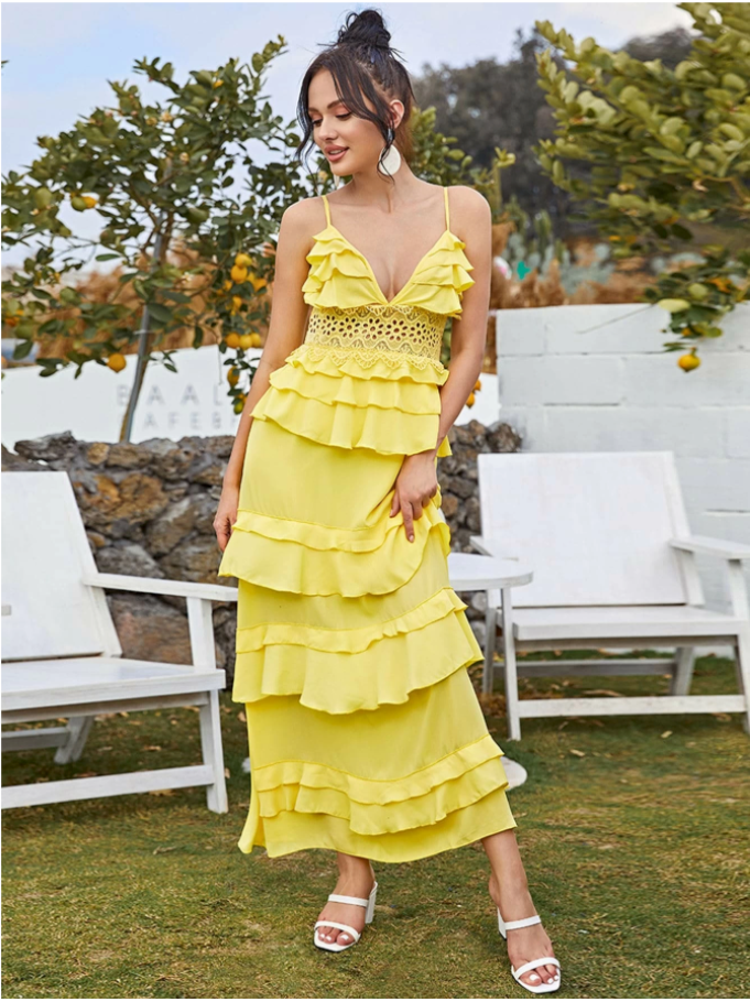 Guipure Lace Insert Layered Ruffle Trim Cami Dress