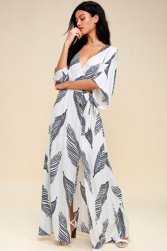 Sign of the Times White and Navy Blue Leaf Print Maxi Dress