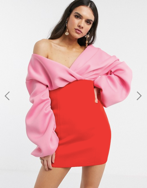 Fallen Shoulder pleated puff sleeve pencil contrast mini dress