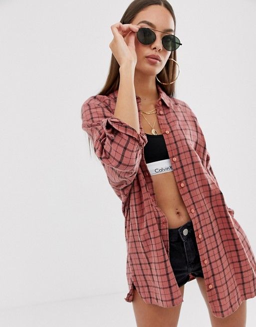 long sleeve boyfriend shirt in brown & black check