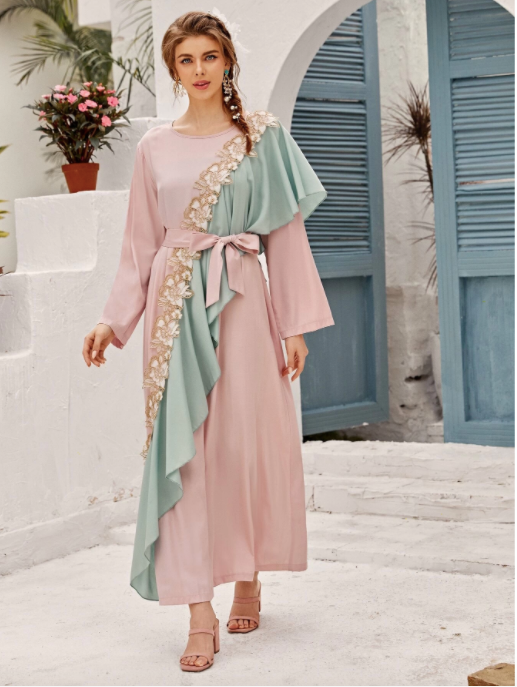 Applique Ruffle Trim Colorblock Belted Dress