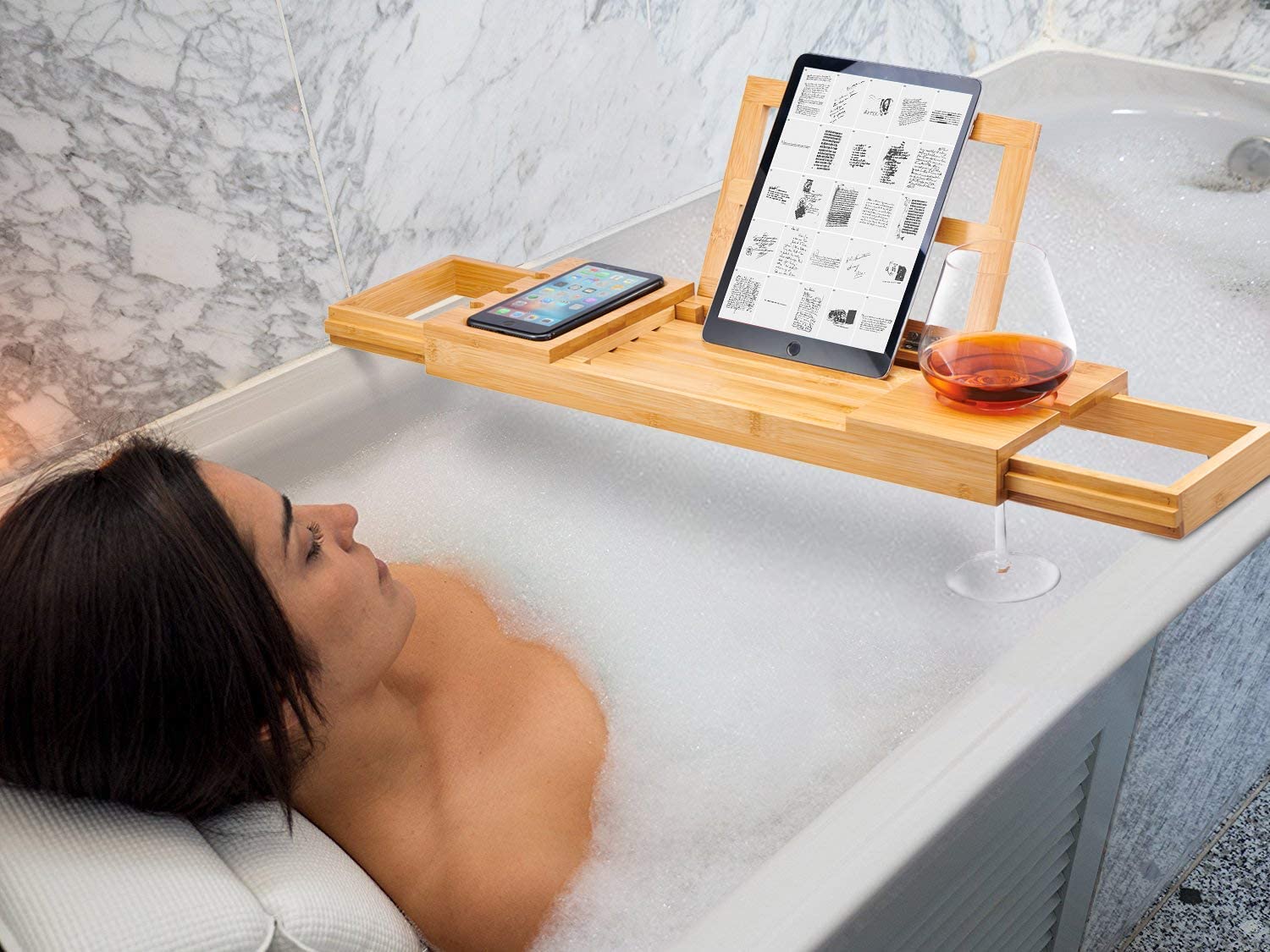 Utoplike Bathtub Caddy Tray, Bamboo Bath tub Tray with Adjustable Arms, Bath Table Holds Books/Tablets/Cell Phone/Towels/Foods