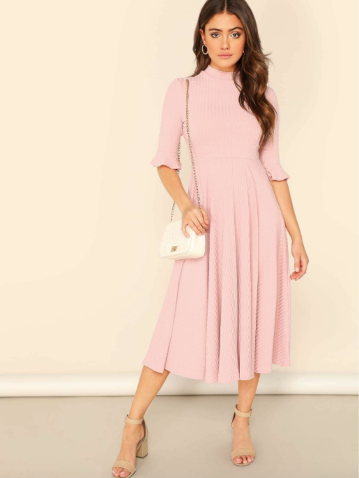 Bell Sleeve Ribbed Knit Midi Dress