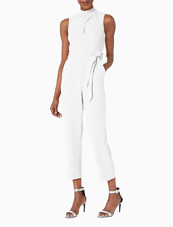 7. White Twist Mock Neck Tie Belt Jumpsuit