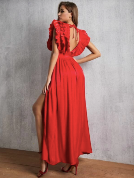 Plunging Neck Ruffle Split Thigh Silky Dress