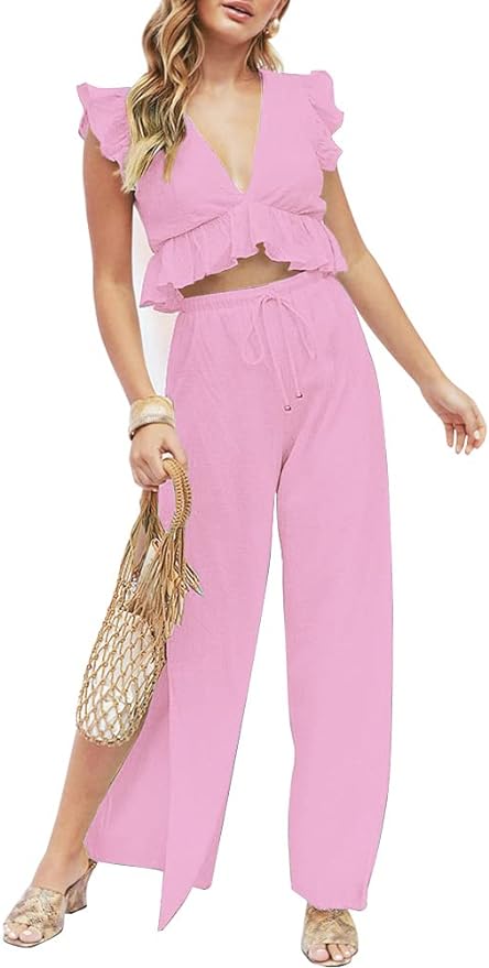 Womens 2 Pieces Outfits Deep V Neck Crop Top Side Slit Drawstring Wide Leg Pants Set Jumpsuits